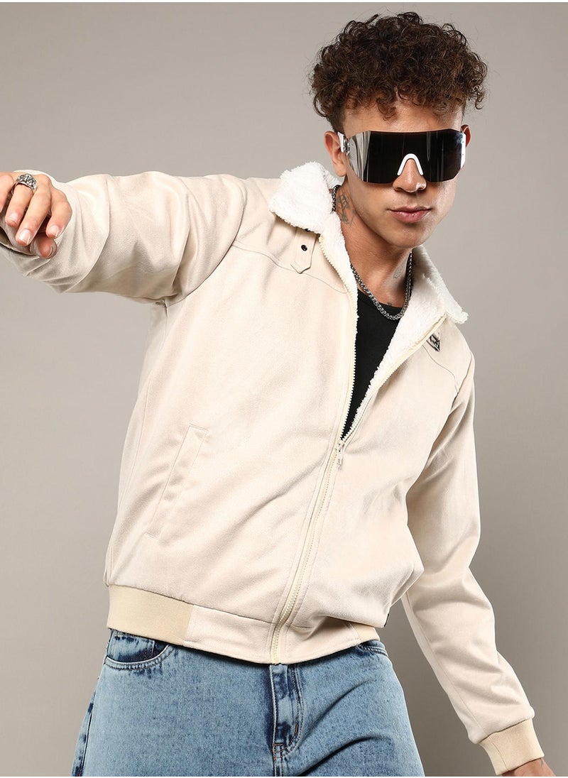 Men's Off-White Fur-Lined Suede Bomber Jacket