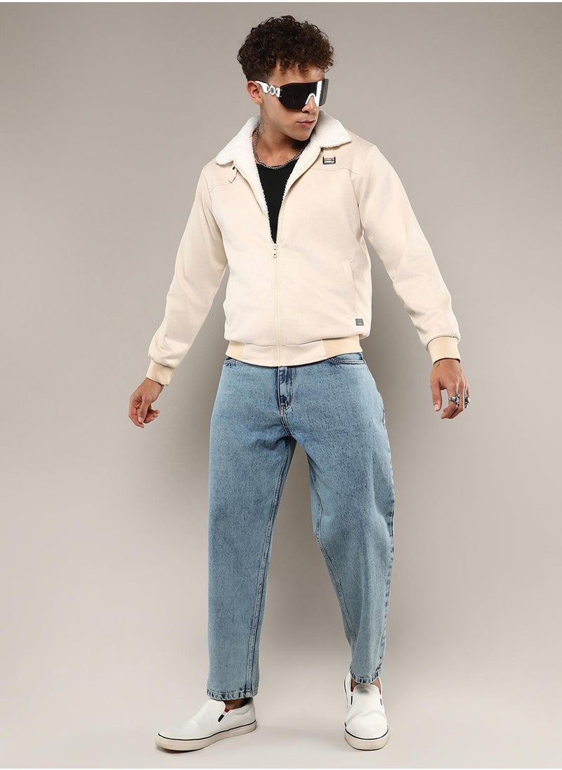 Men's Off-White Fur-Lined Suede Bomber Jacket