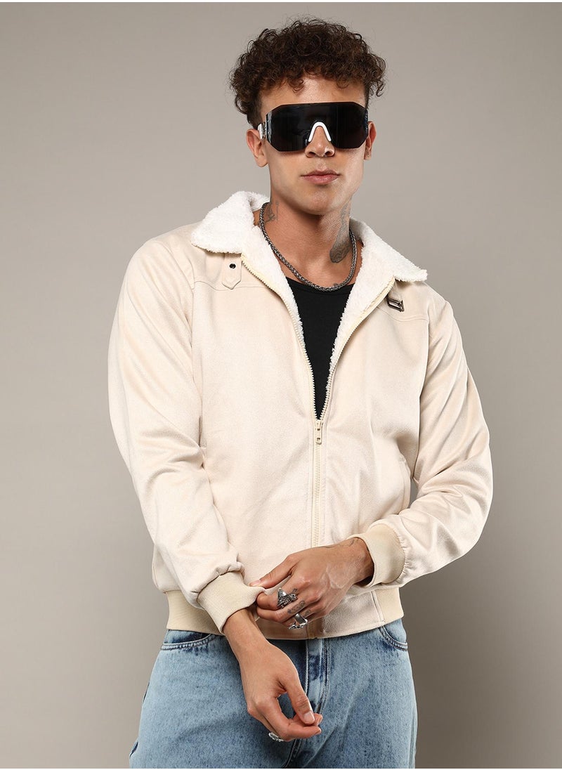 Men's Off-White Fur-Lined Suede Bomber Jacket