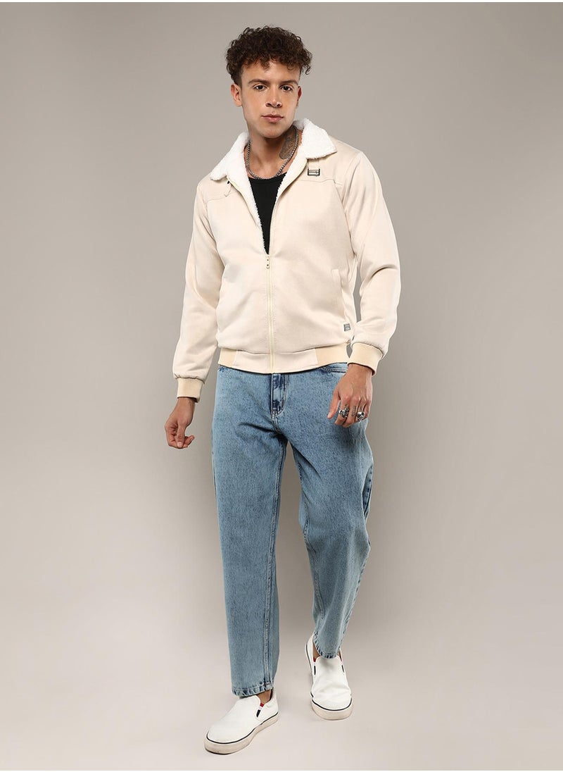 Men's Off-White Fur-Lined Suede Bomber Jacket