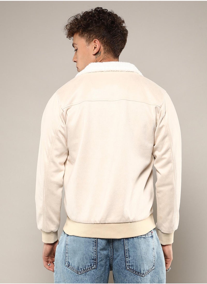 Men's Off-White Fur-Lined Suede Bomber Jacket