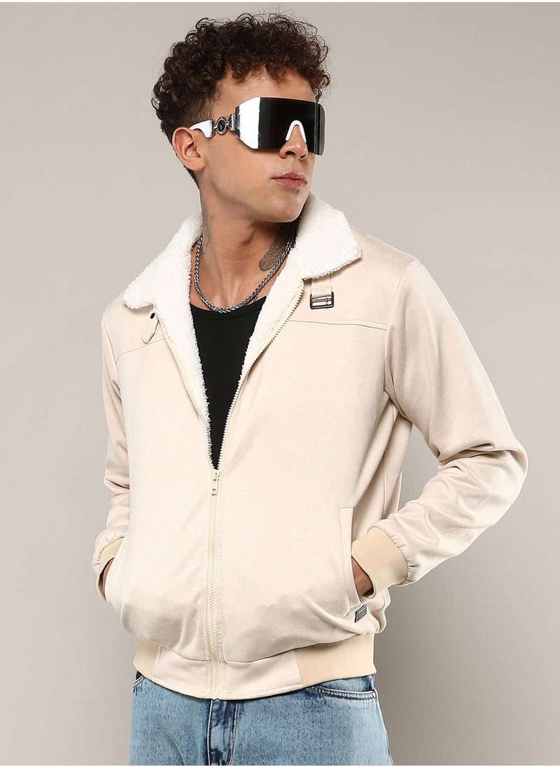 Men's Off-White Fur-Lined Suede Bomber Jacket