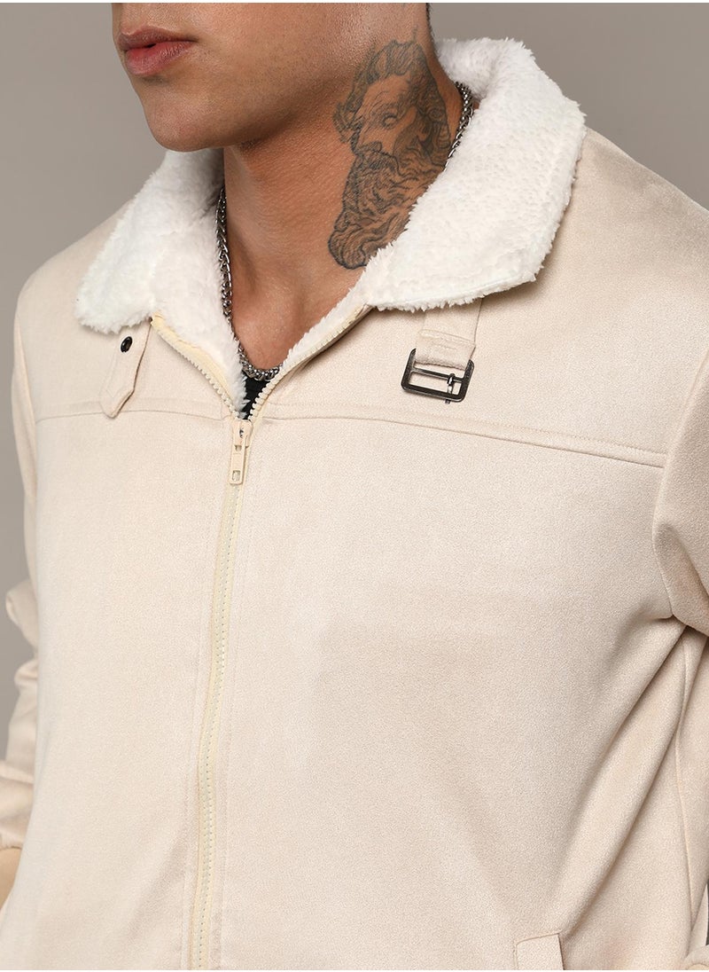 Men's Off-White Fur-Lined Suede Bomber Jacket