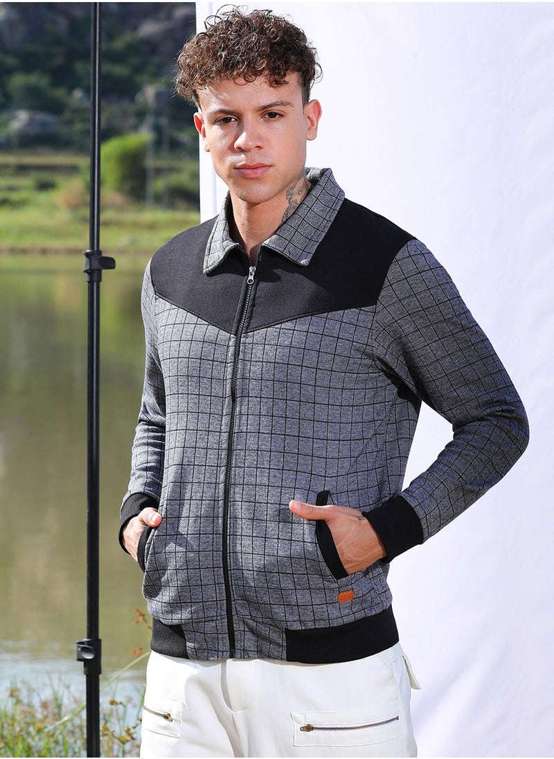 Men's Grey Zip-Front Graph Checkered Jacket