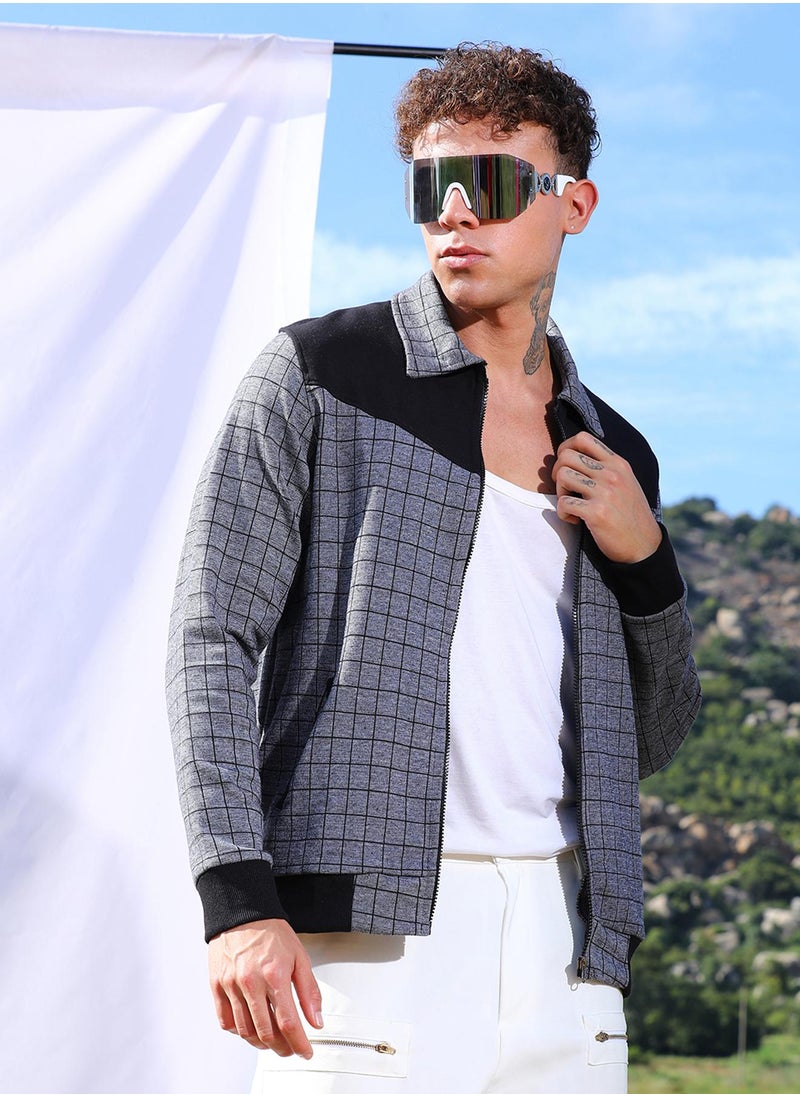 Men's Grey Zip-Front Graph Checkered Jacket