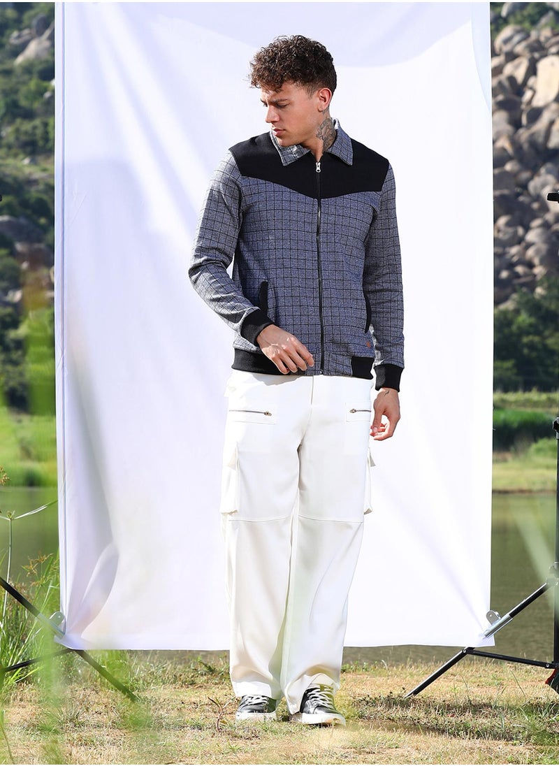 Men's Grey Zip-Front Graph Checkered Jacket
