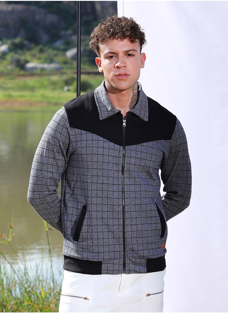 Men's Grey Zip-Front Graph Checkered Jacket