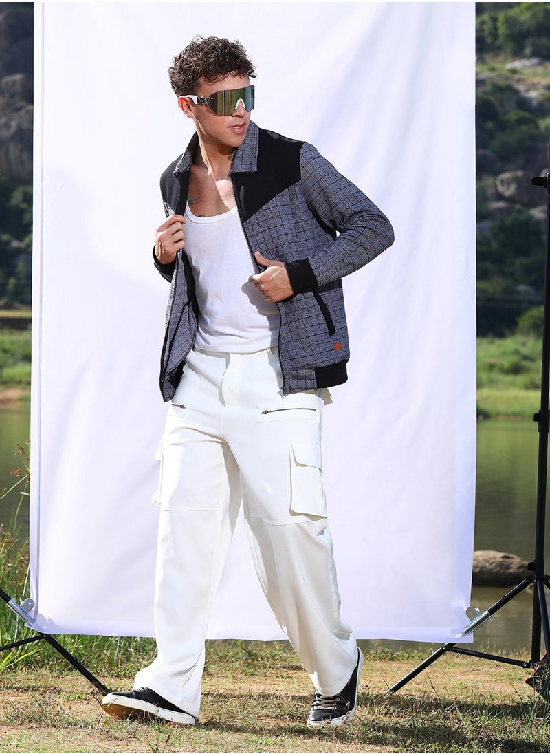 Men's Grey Zip-Front Graph Checkered Jacket