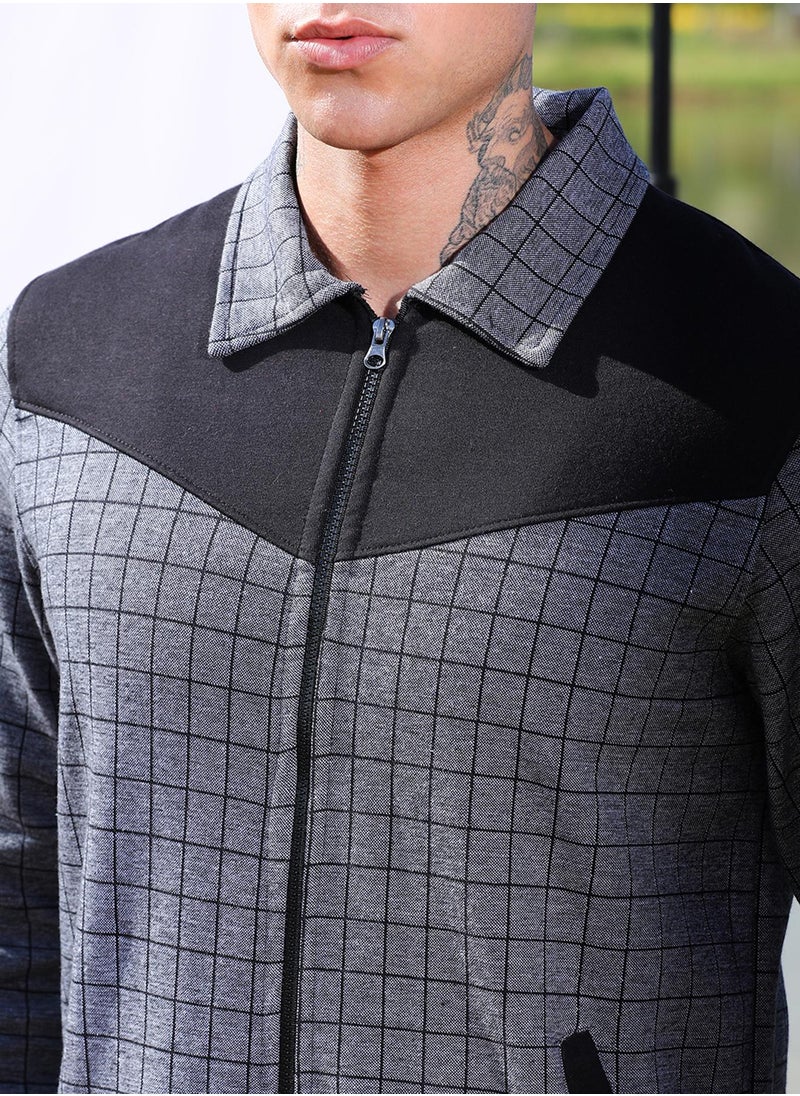 Men's Grey Zip-Front Graph Checkered Jacket