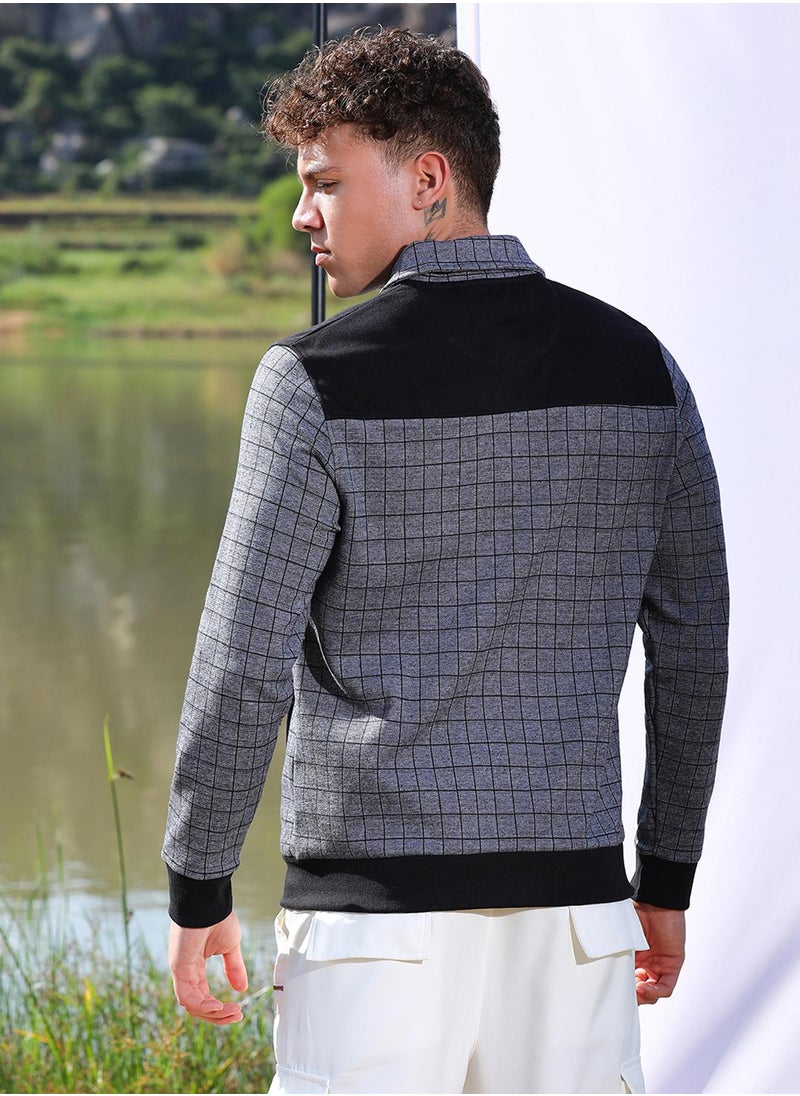 Men's Grey Zip-Front Graph Checkered Jacket