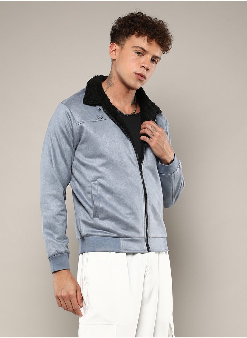 Men's Grey Zip-Front Jacket With Fleece Detail