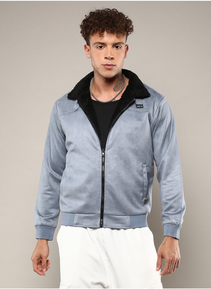 Men's Grey Zip-Front Jacket With Fleece Detail