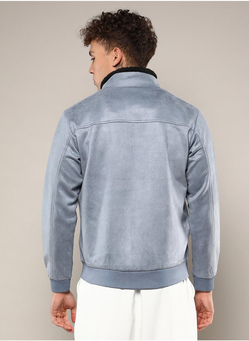 Men's Grey Zip-Front Jacket With Fleece Detail