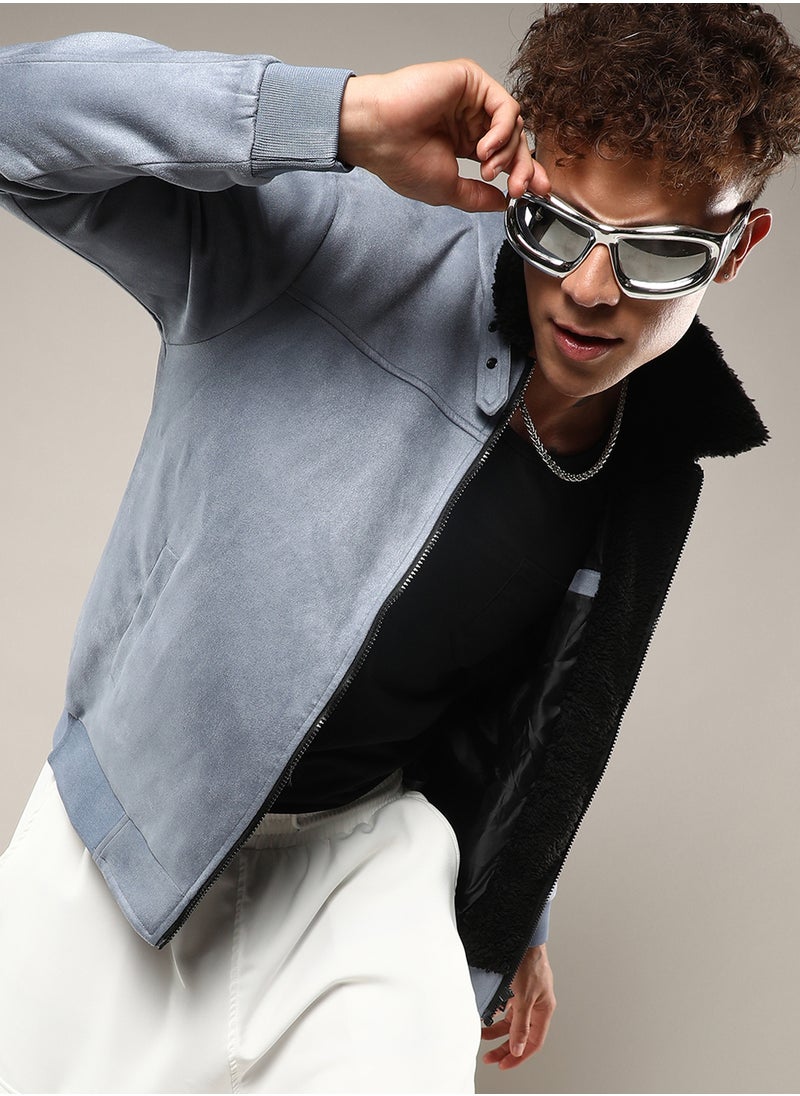 Men's Grey Zip-Front Jacket With Fleece Detail