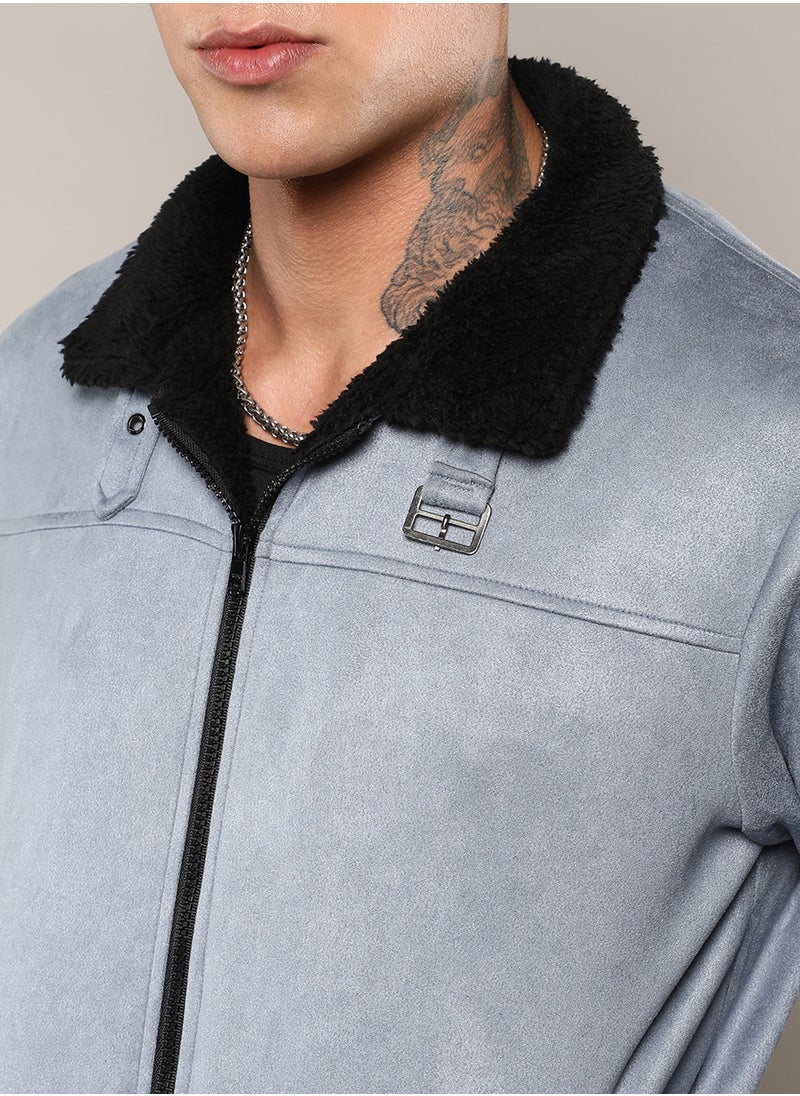 Men's Grey Zip-Front Jacket With Fleece Detail