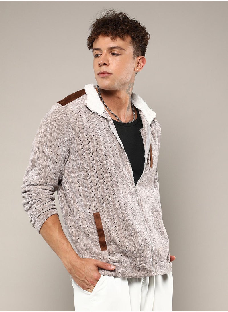 Men's Brown Zip-Front Cable Knit Jacket