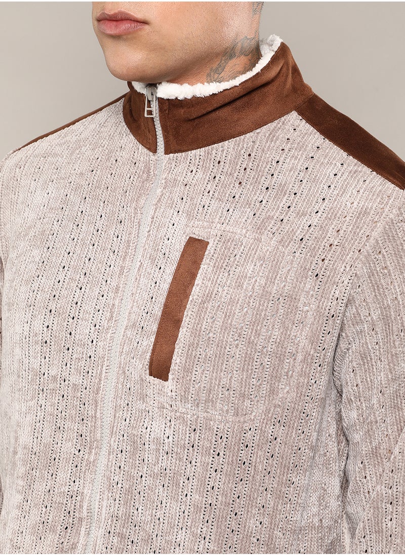 Men's Brown Zip-Front Cable Knit Jacket