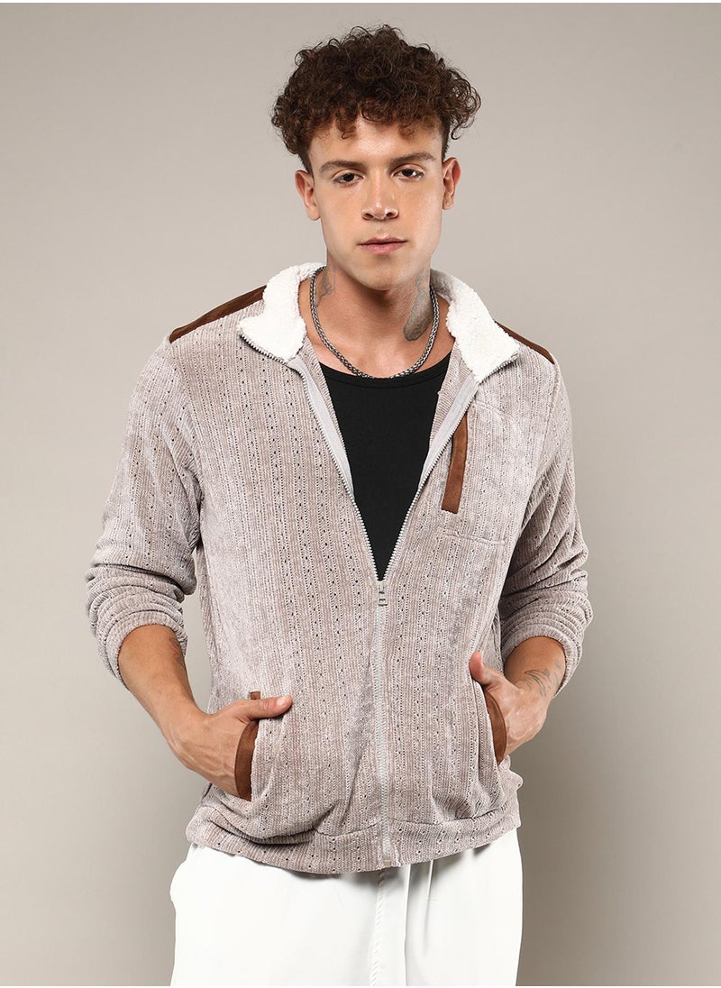 Men's Brown Zip-Front Cable Knit Jacket