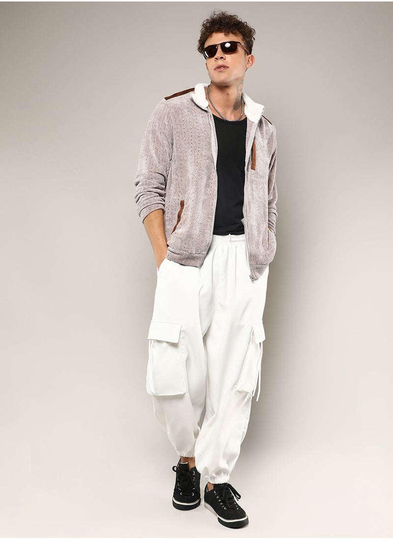 Men's Brown Zip-Front Cable Knit Jacket