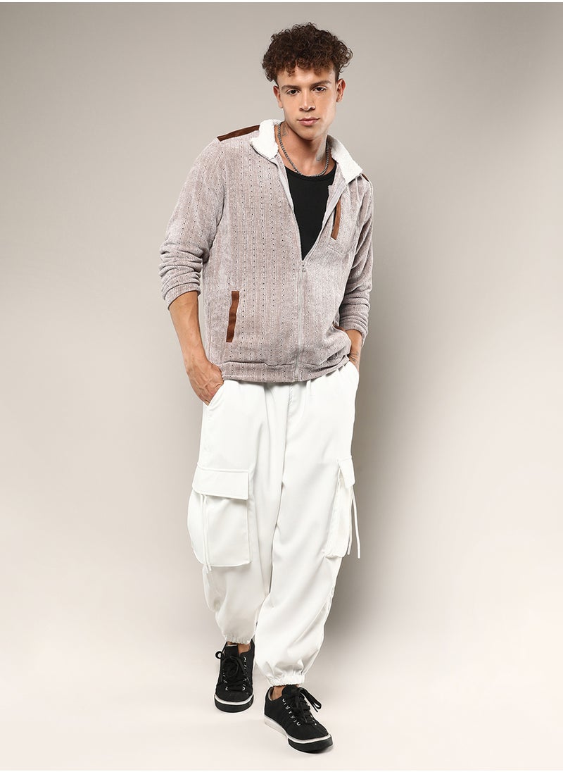 Men's Brown Zip-Front Cable Knit Jacket