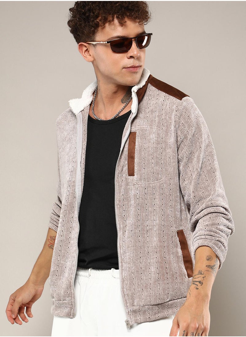 Men's Brown Zip-Front Cable Knit Jacket