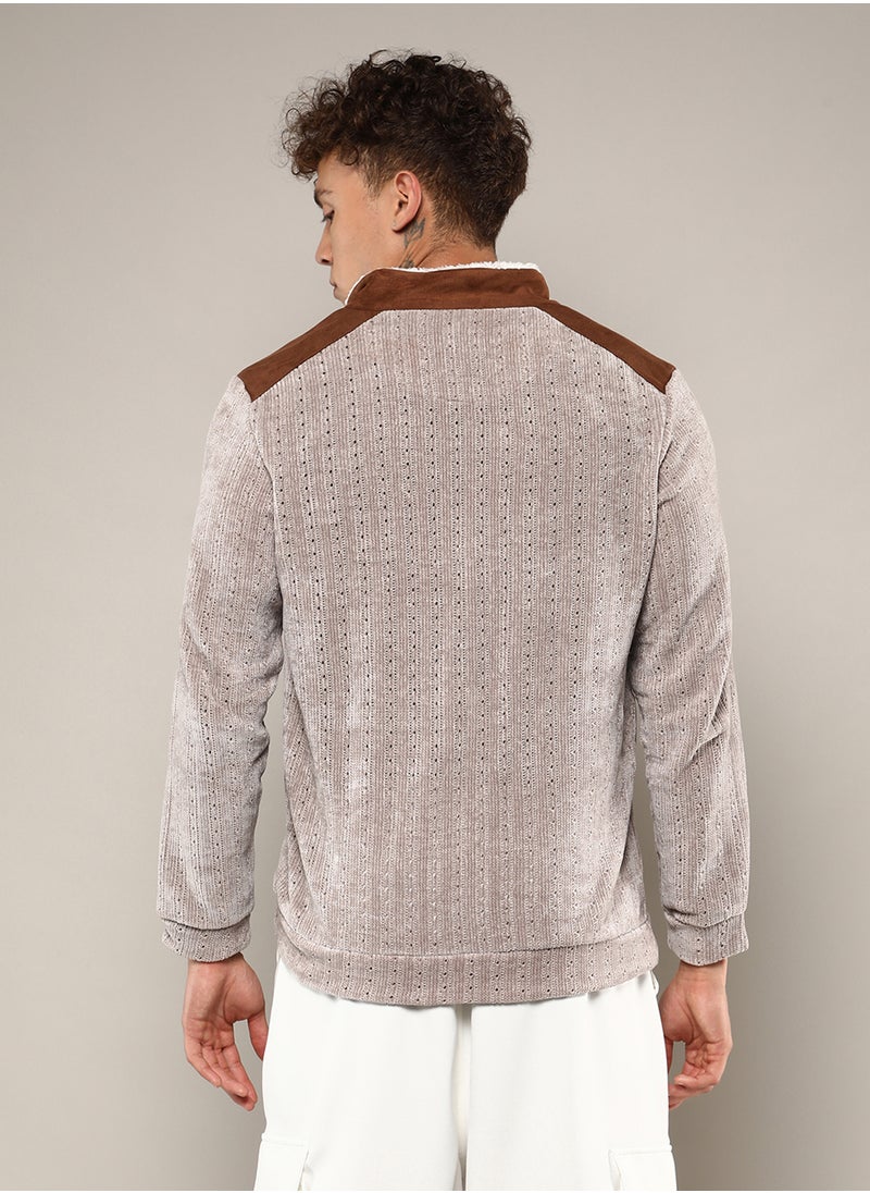 Men's Brown Zip-Front Cable Knit Jacket