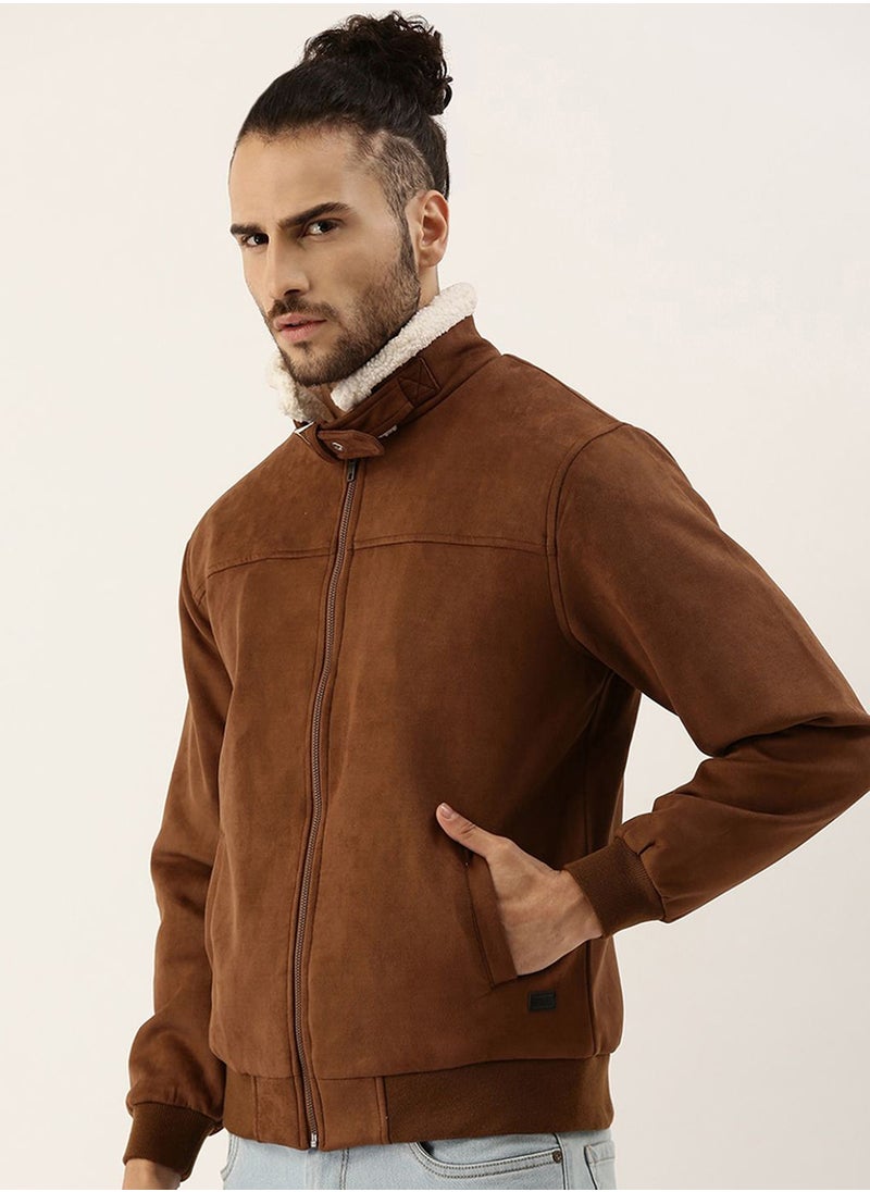 Men's Brown Zip-Front Jacket With Fleece Detail