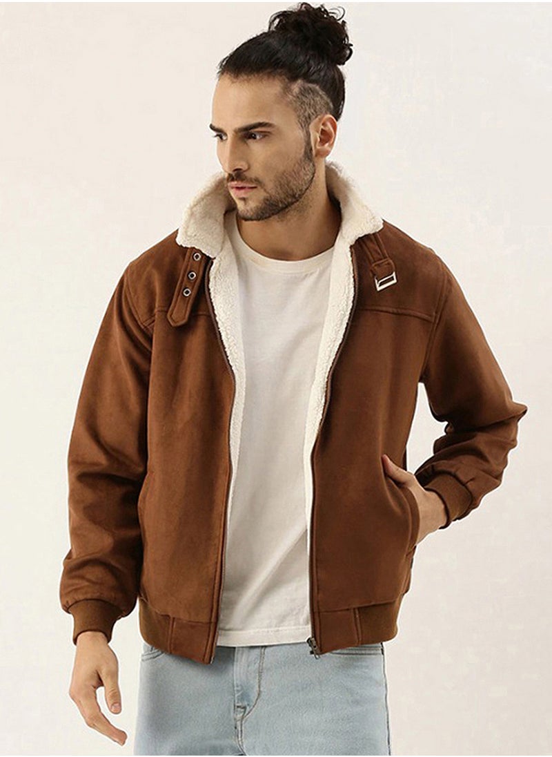 Men's Brown Zip-Front Jacket With Fleece Detail