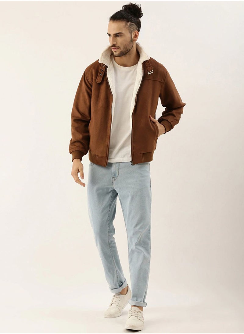 Men's Brown Zip-Front Jacket With Fleece Detail