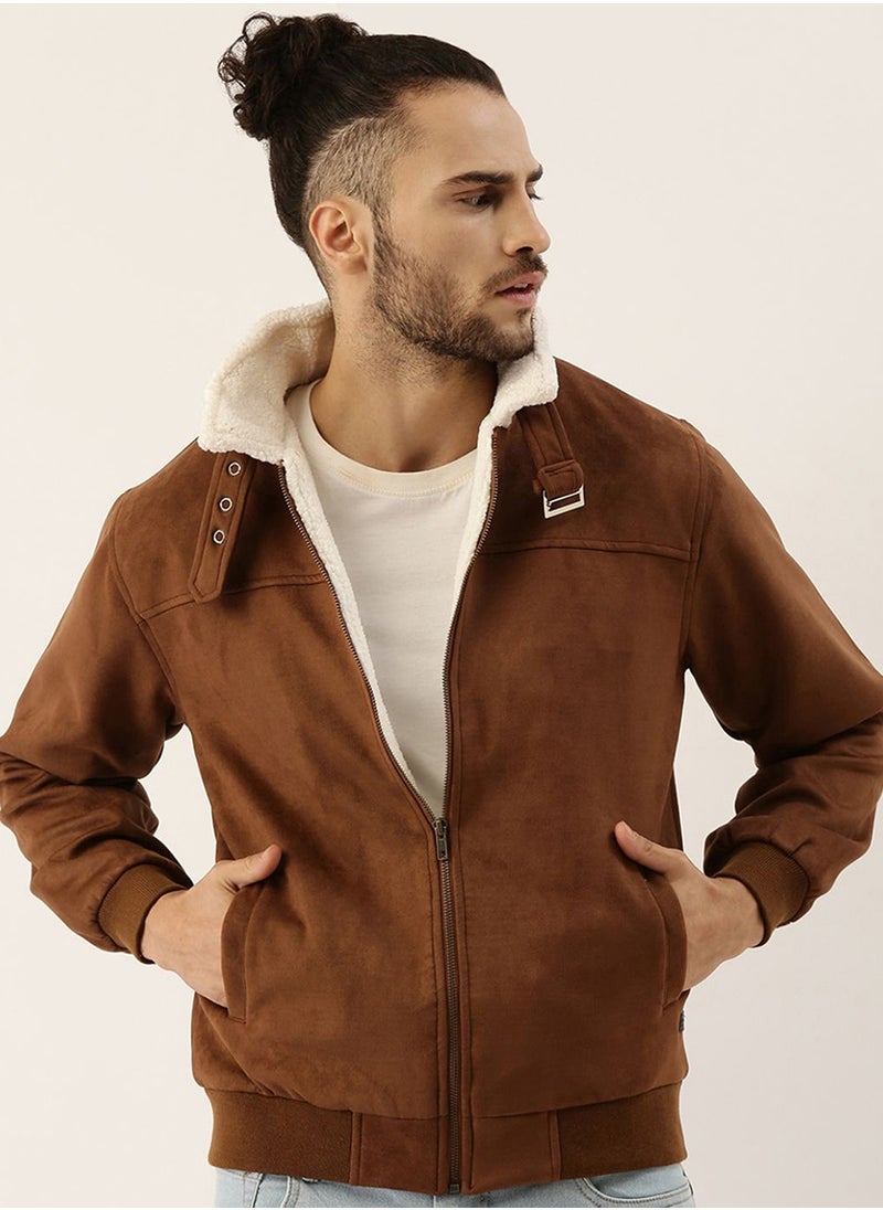 Men's Brown Zip-Front Jacket With Fleece Detail
