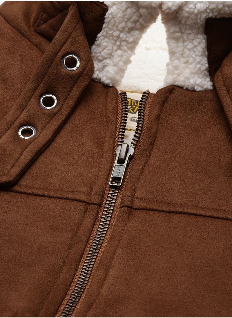 Men's Brown Zip-Front Jacket With Fleece Detail