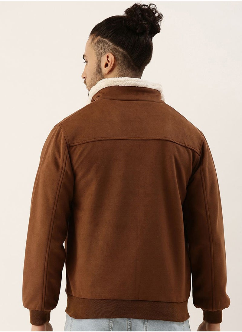 Men's Brown Zip-Front Jacket With Fleece Detail