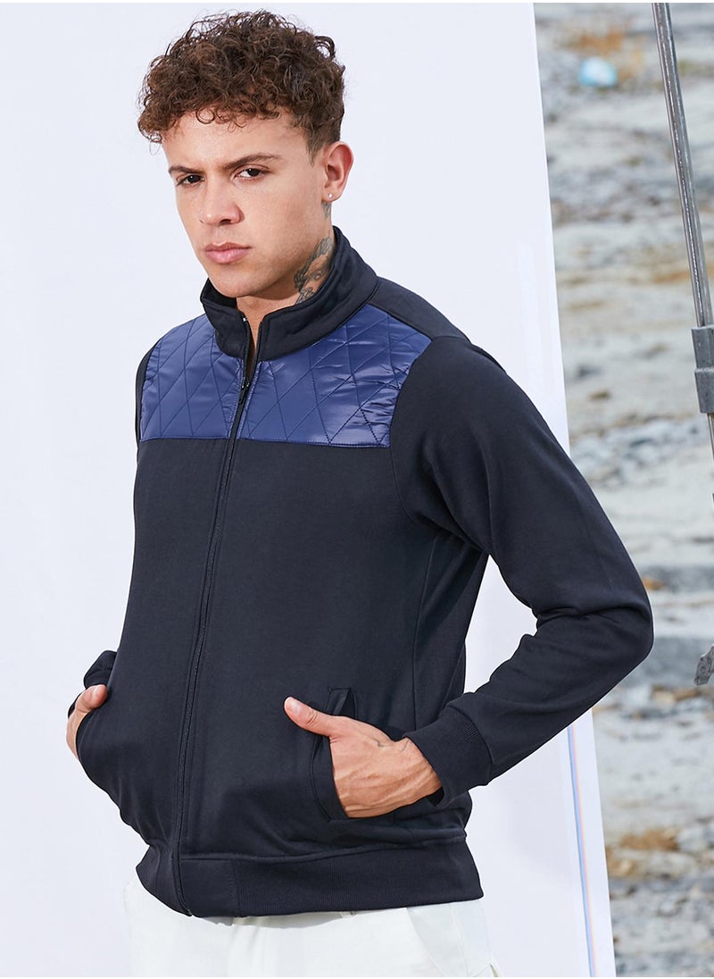 Men's Black & Blue Zip-Front Jacket With Quilted Detail