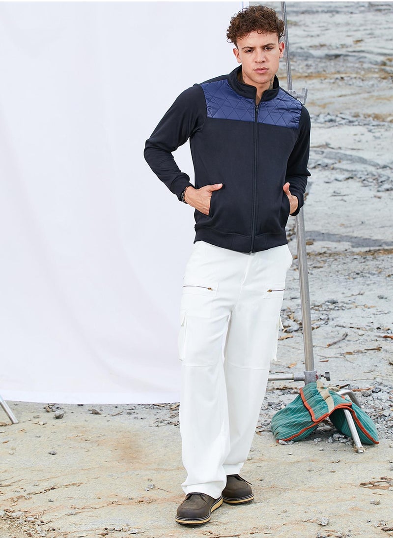 Men's Black & Blue Zip-Front Jacket With Quilted Detail