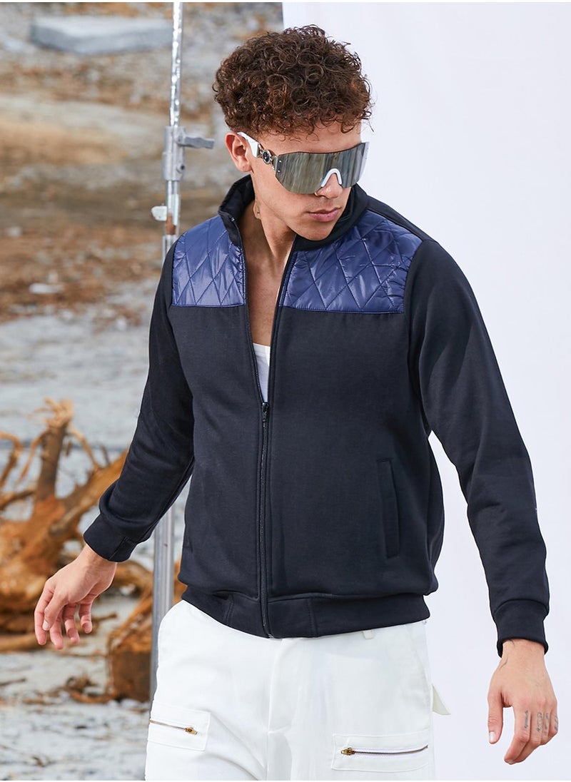 Men's Black & Blue Zip-Front Jacket With Quilted Detail