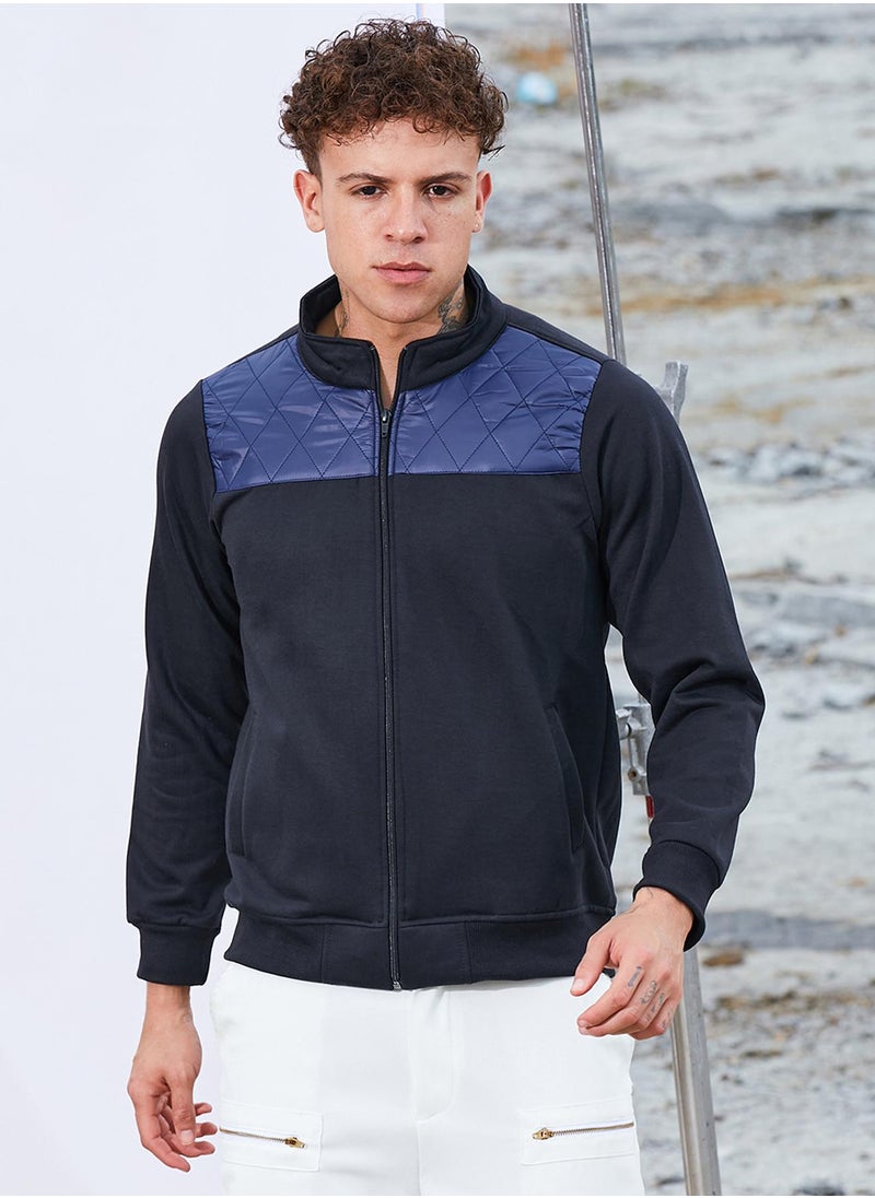 Men's Black & Blue Zip-Front Jacket With Quilted Detail