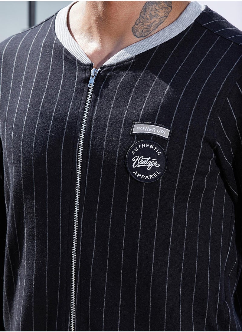 Men's Navy Blue Pinstriped Jacket With Contrast Hem