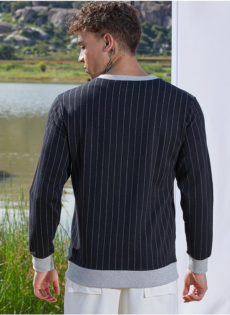 Men's Navy Blue Pinstriped Jacket With Contrast Hem