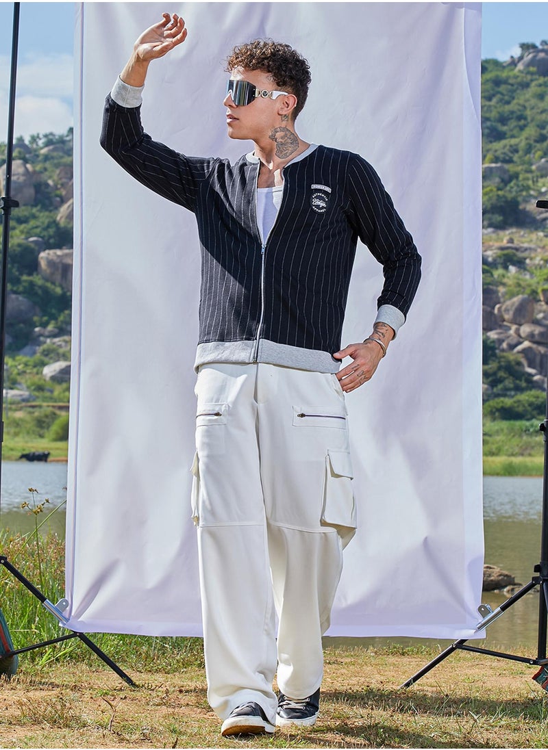 Men's Navy Blue Pinstriped Jacket With Contrast Hem