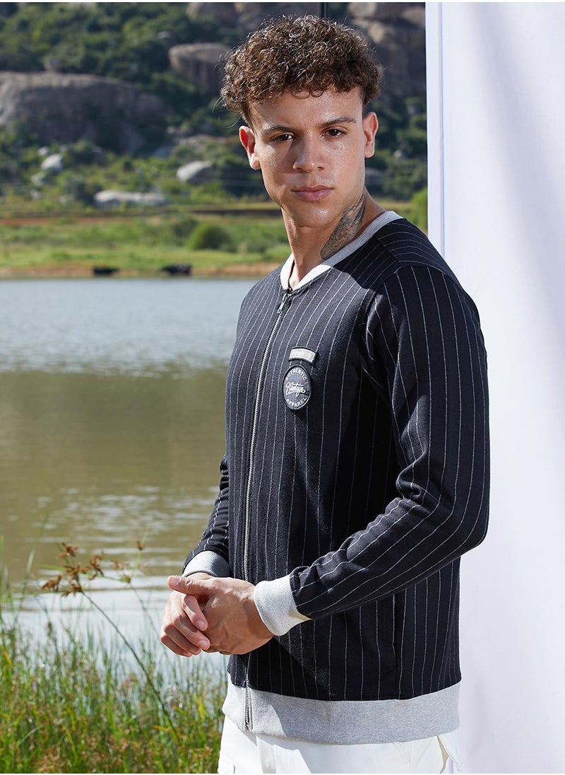 Men's Navy Blue Pinstriped Jacket With Contrast Hem