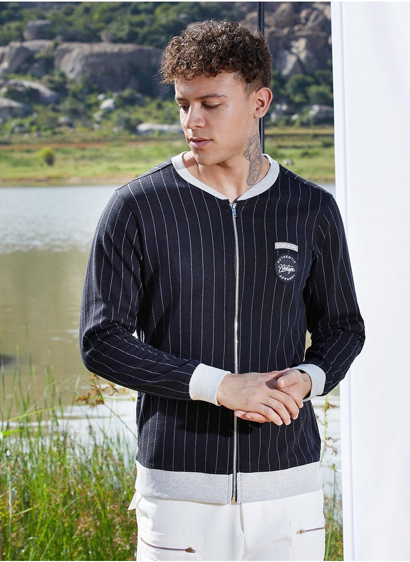 Men's Navy Blue Pinstriped Jacket With Contrast Hem