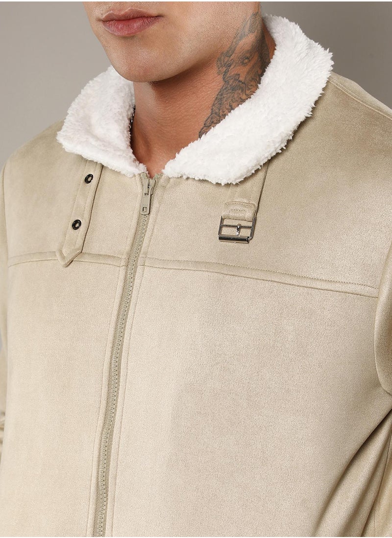 Men's Saltbox Beige Fur-Lined Suede Bomber Jacket
