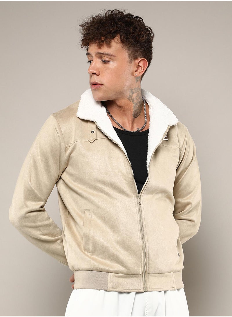 Men's Saltbox Beige Fur-Lined Suede Bomber Jacket
