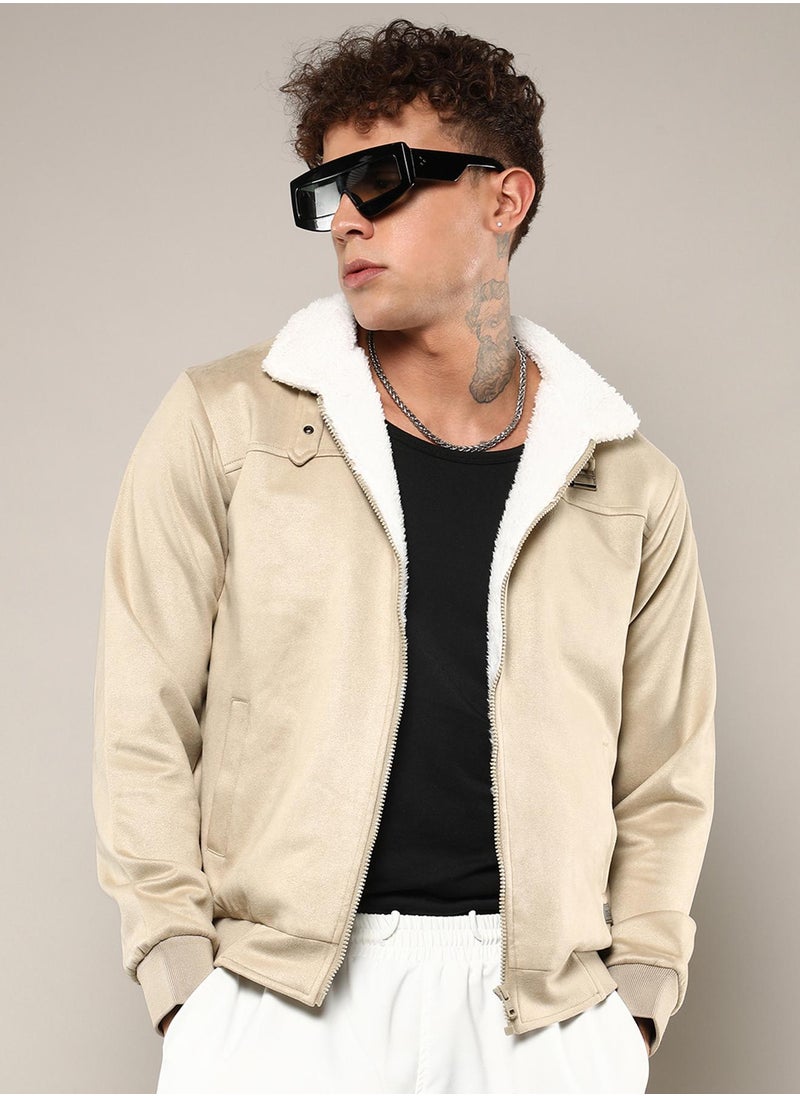 Men's Saltbox Beige Fur-Lined Suede Bomber Jacket