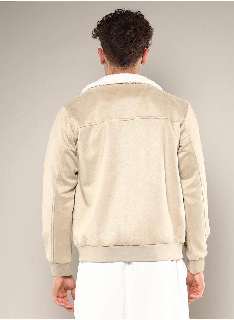 Men's Saltbox Beige Fur-Lined Suede Bomber Jacket