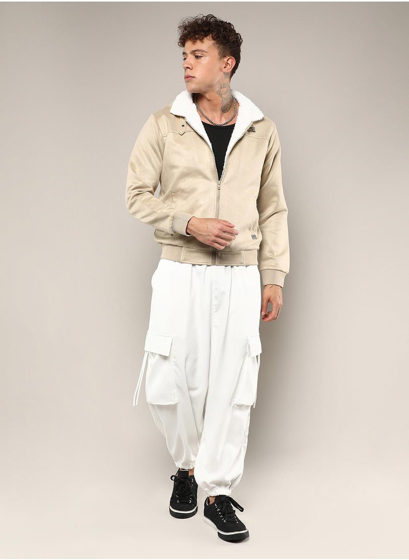 Men's Saltbox Beige Fur-Lined Suede Bomber Jacket