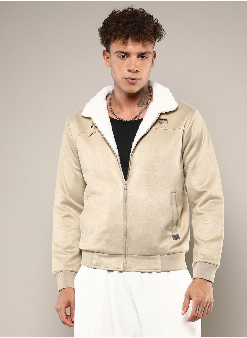 Men's Saltbox Beige Fur-Lined Suede Bomber Jacket