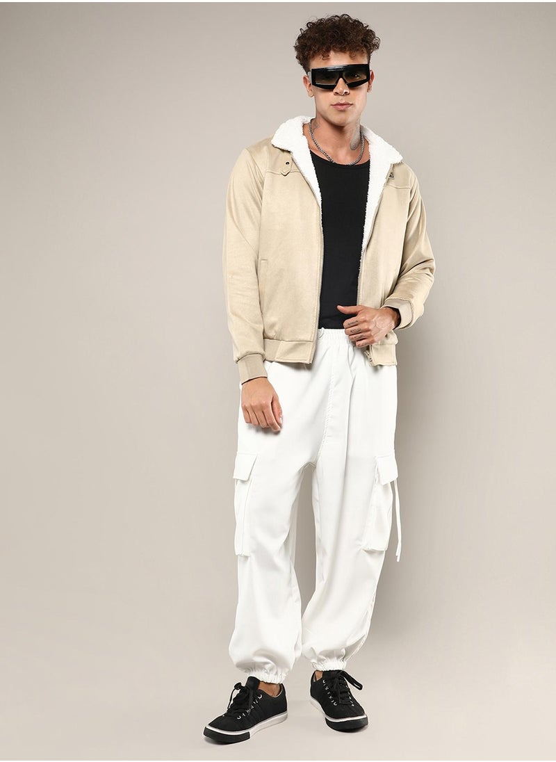 Men's Saltbox Beige Fur-Lined Suede Bomber Jacket