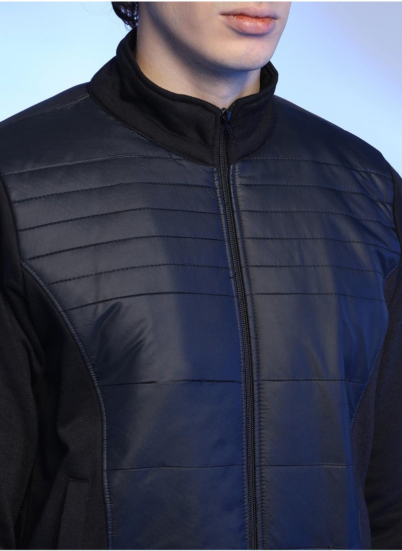 Men's Black Zip-Front Jacket With Quilted Detail