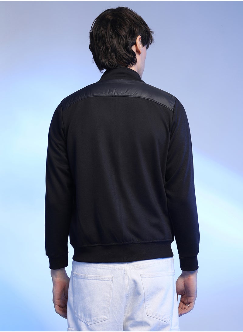 Men's Black Zip-Front Jacket With Quilted Detail